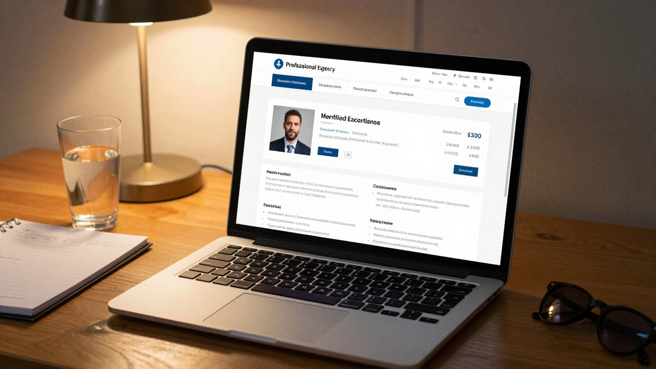 A laptop screen showing a professional escort agency&#039;s verified profiles and pricing on a quiet desk.