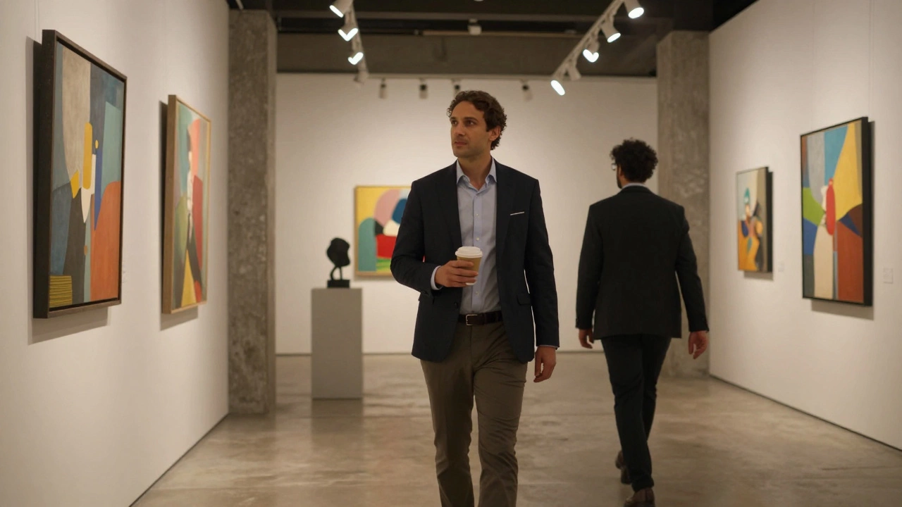 A professional companion and client exploring an art gallery in Alserkal Avenue, discreet and culturally attuned.