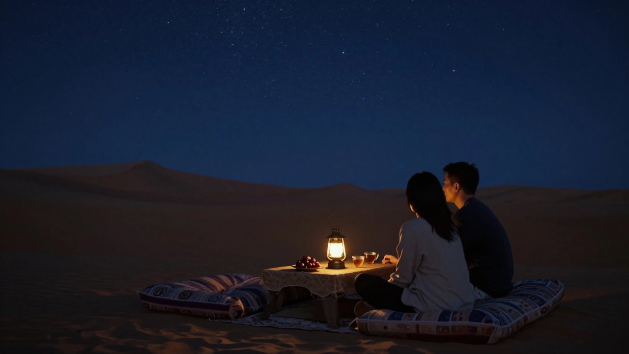 Silhouettes of two people sharing tea under desert stars, surrounded by calm dunes and warm lantern light.